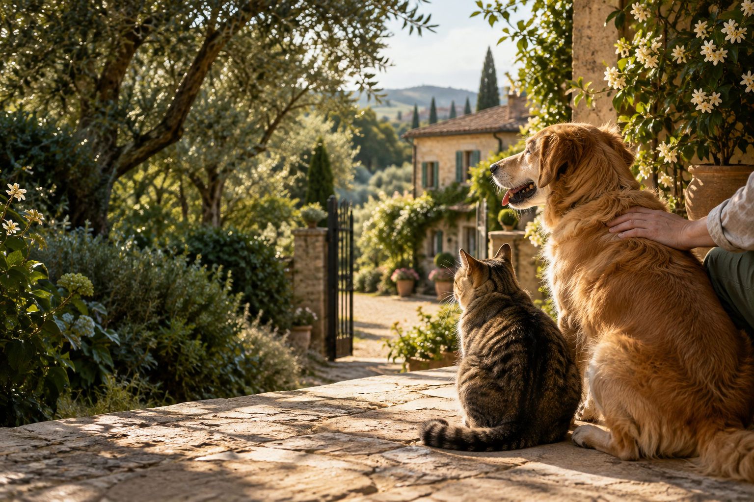 Un cane e un gatto insieme a una persona, nella luce di un giardino italiano